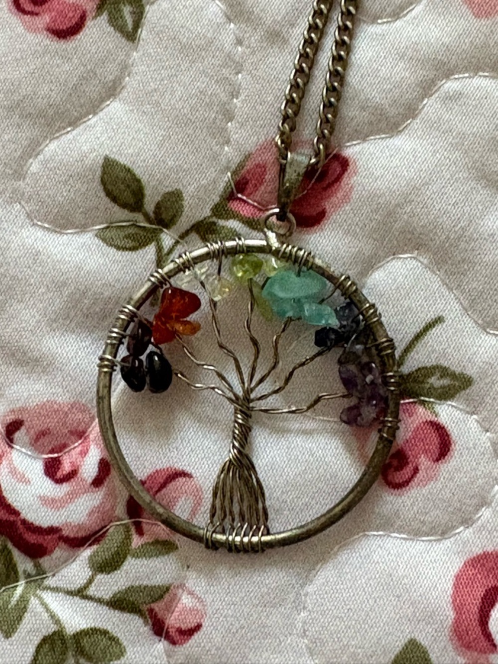Tree of Life Pendant Necklace with Multicolor Gemstone Chips